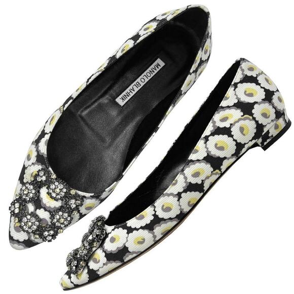 Manolo Blahnik Hangisi Embellished Floral Print Flats | Size 37 - Picture 1 of 10